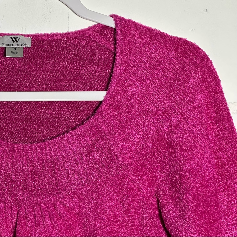 Worthington Fuchsia Scoop Neck Fuzzy Pink Shimmer Sweater Small Blouson Sleeve - Picture 8 of 13